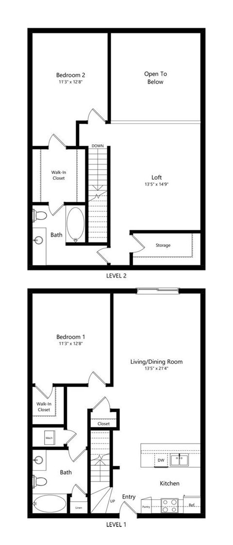 Floor plan for 2 beds, 2 baths, 1408 sqft